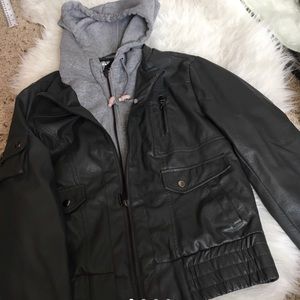 Grey leather jacket with hood